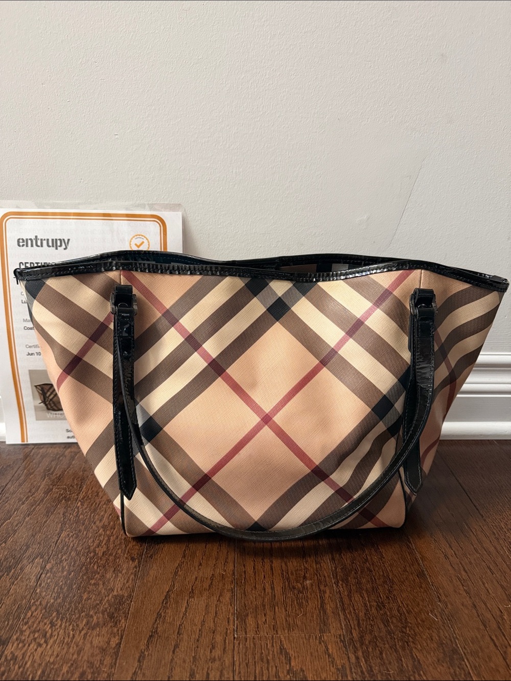 Burberry Nova Check Tote in Beige with Black Trim and Red Accents